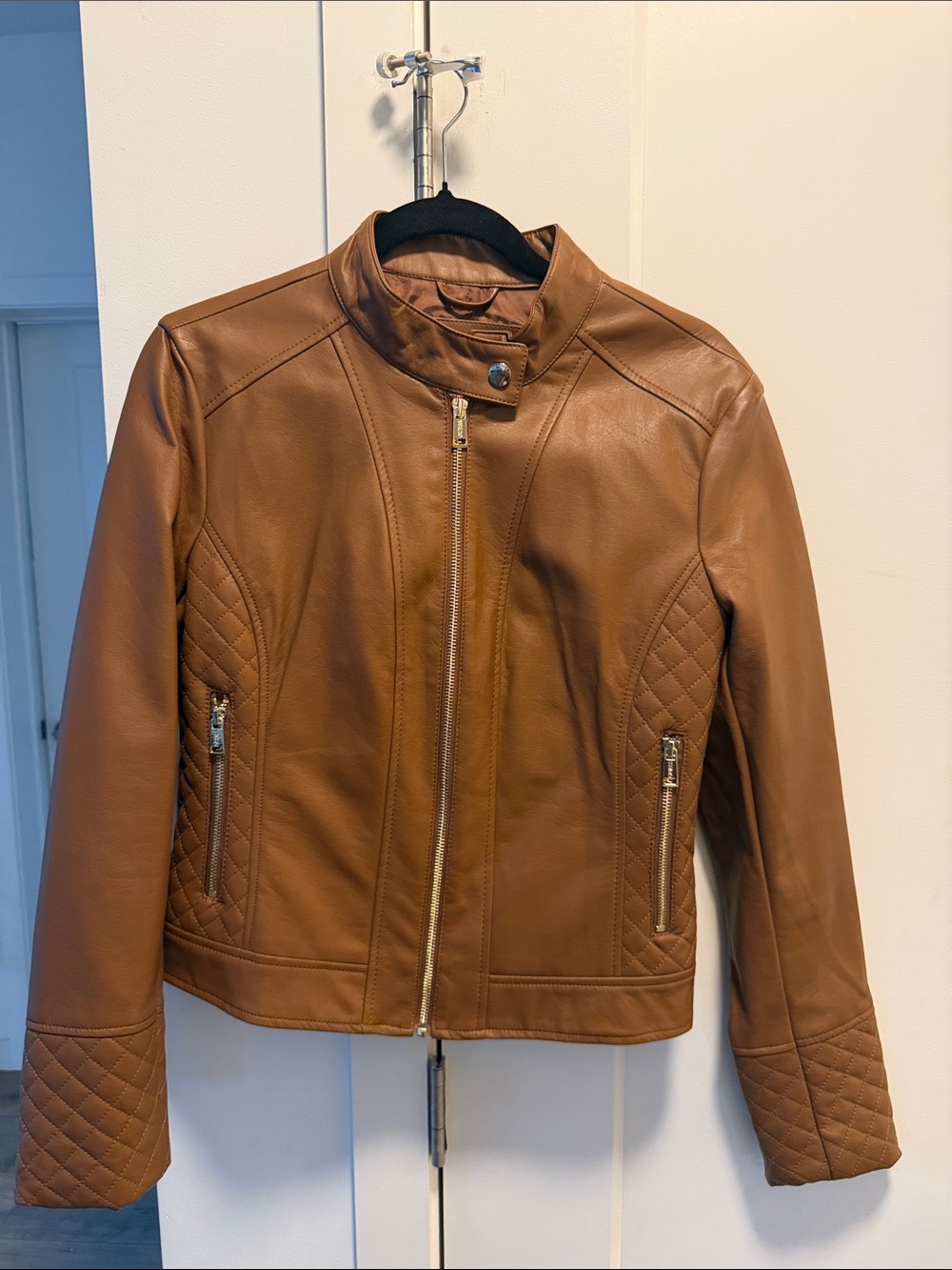 Guess Cognac Quilted Faux Leather Moto Jacket
